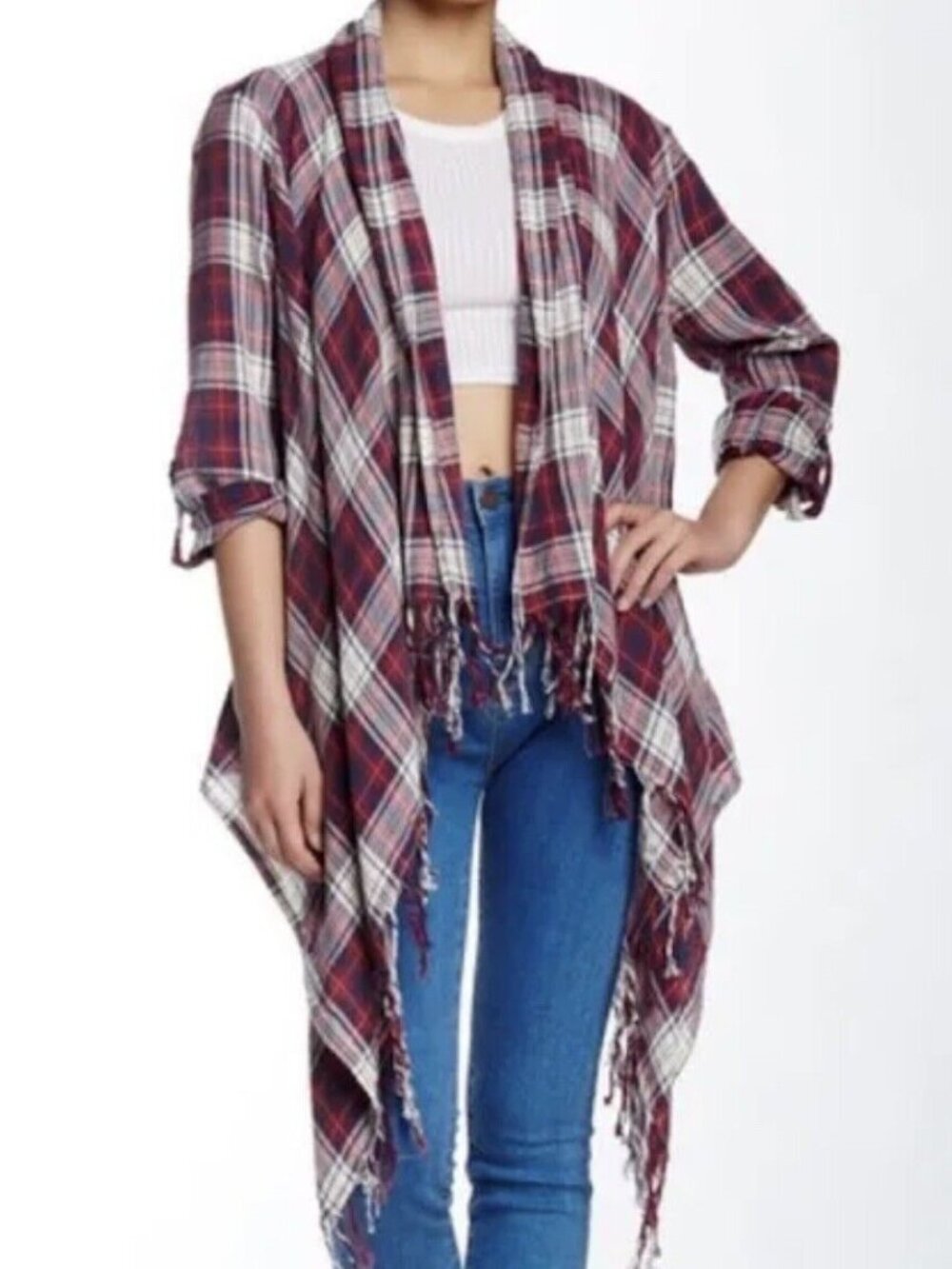 EN CREME Anthropologie Boutique Plaid Open Drape Front Cardigan Top Fringe L